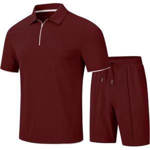 MoFiz Mens Tracksuits Sets Shorts Quarter Zip Polo Shirts Bottom Shorts Outfits Sport Suits Casual Walking Sets Comfy (Red, XL)