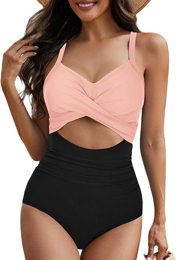 One Piece Swim Suits for Women 2025 Sexy Tummy Control Swimsuits Cutout High Waisted Criss Cross Back Bathing Suit (L)