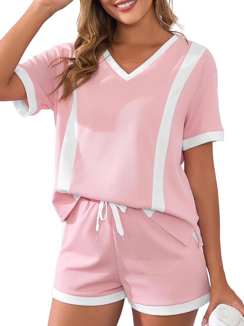 Women's Two Piece Outfits Color Block Lounge Sets Casual Short Sleeve Pullover Tops Matching Shorts (X-Large, Pink)