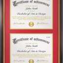 Double Diploma Frame 14x20, Display Two 8.5x11 Degree, Certificates, Documents, Tempered Glass with Acid-Free Red over Gold Mat, Dual Diploma Frame for Graduation, Mahogany with Gold Trim