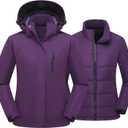 Women's 3 in 1 Ski Jacket Mountain Waterproof Windproof Winter Snow Coat Hike Snowboarding Jackets Hooded Warm Raincoat (Purple, M)