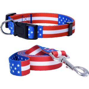 American Flag Dog Collar and Leash Set | Patriotic USA Matching Puppy Leash and Collars for 4th of July | Red White and Blue Designer Pattern for Male or Female (Medium)