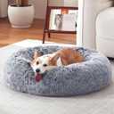 Donut Dog Bed Medium Size Dog 36 Inch, Round Cat Beds for Small Medium Dogs and Cats with Washable Fluffy Faux Fur, Cute Comfort Pet Bed with Anti-Slip Bottom, Grey
