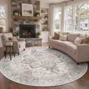 GENIMO 8FT Round Area Rugs for Living Room, Circle Rugs Machine Washable Low Pile, Chenille Non Slip Vintage Rug for Bedroom, Dining Room, Home Office, Light Taupe Brown