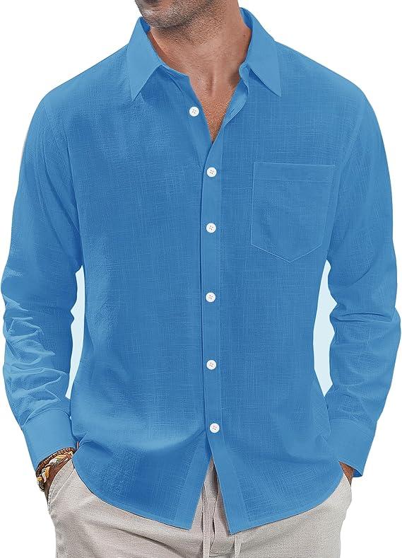 J.VER Men's Linen Shirts Casual Button Down Long Sleeve Shirt Solid Spread Collar Summer Beach Shirts with Pocket, Size XXL