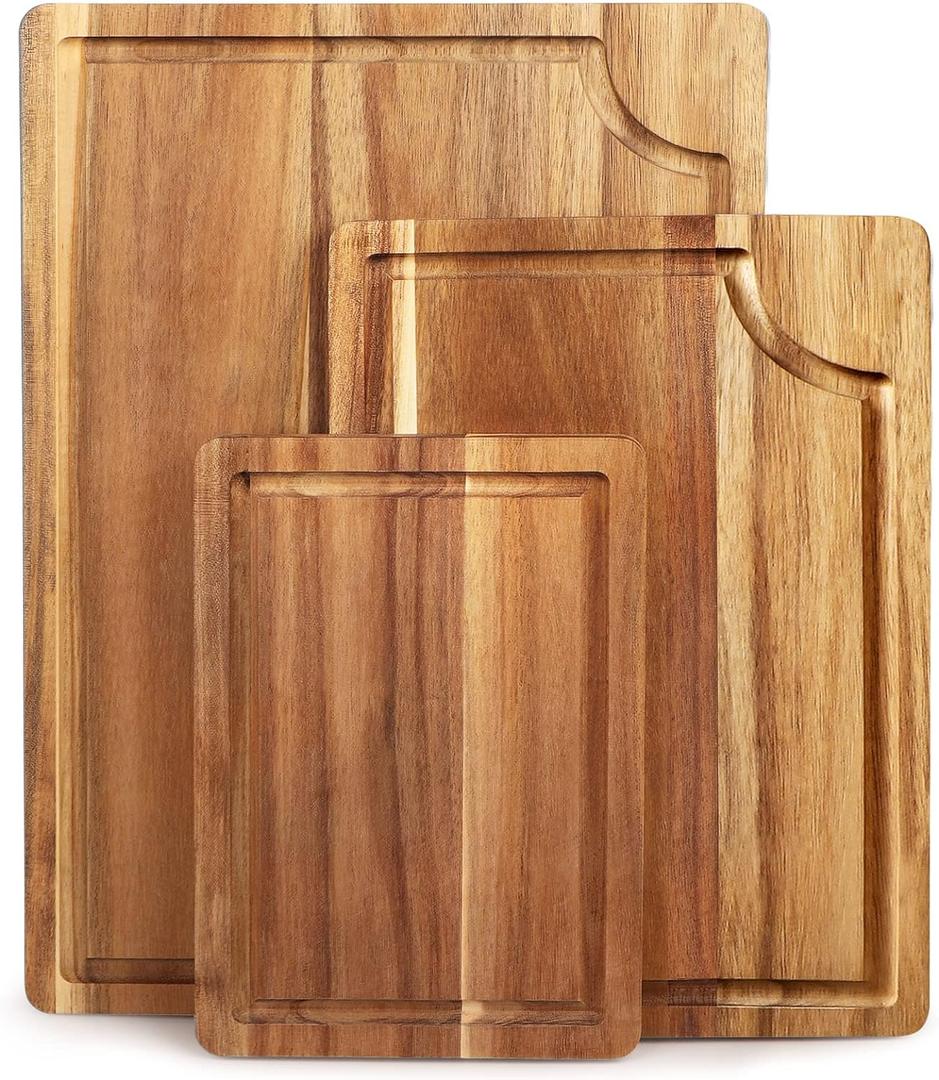 Acacia Wood Cutting Board Set with Juice Groove (3 Pieces), Organic Wooden Cutting Boards for kitchen, Butcher Block Cutting Board for Meat, Vegetable, Wooden Chopping Board 15x10, 12x8, 9x6 inch (Light Brown)
