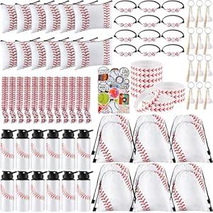 Layhit 134 Pcs Baseball Party Favors Set Include Cosmetic Bag Drawstring Backpack Hair Ties Charm Bracelets Silicon Bracelet Water Bottles Keychains Stickers for Sport Team Gift(White, Baseball)