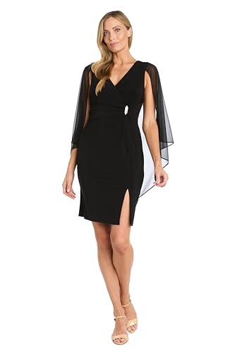 R&M Richards Women's Elegant Formal Sheath Dress | Chiffon Capelet Overlay, Side Slit & Rhinestone Detail | Cocktail Attire Black size 20W