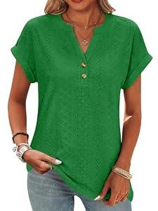 ANRABESS Women Tops Short Sleeve V Neck Eyelet Shirts Dressy Casual Blouses 2026 Summer Tee T-Shirts Vacation Outfits Green XX-Large