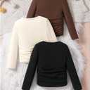 OYOANGLE Toddler Girl's 3 Pack Long Sleeve Ruched T Shirts Crew Neck Plain Tees Basic Layering Tops Apricot Black Brown 4Y (Black)