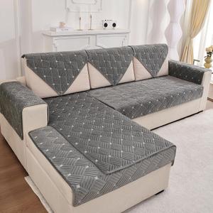 TEWENE, Sectional Couch Cover Velvet Sofa Cover Anti-Slip L Shaped Couch Cover Sectional Sofa Cover for Dogs Couch Cover 2 Cushion Couch Cover for Sofa 3 Seats Sofa Seat Cover - 1 Pc 36''x94'' Size (Pure Gray)