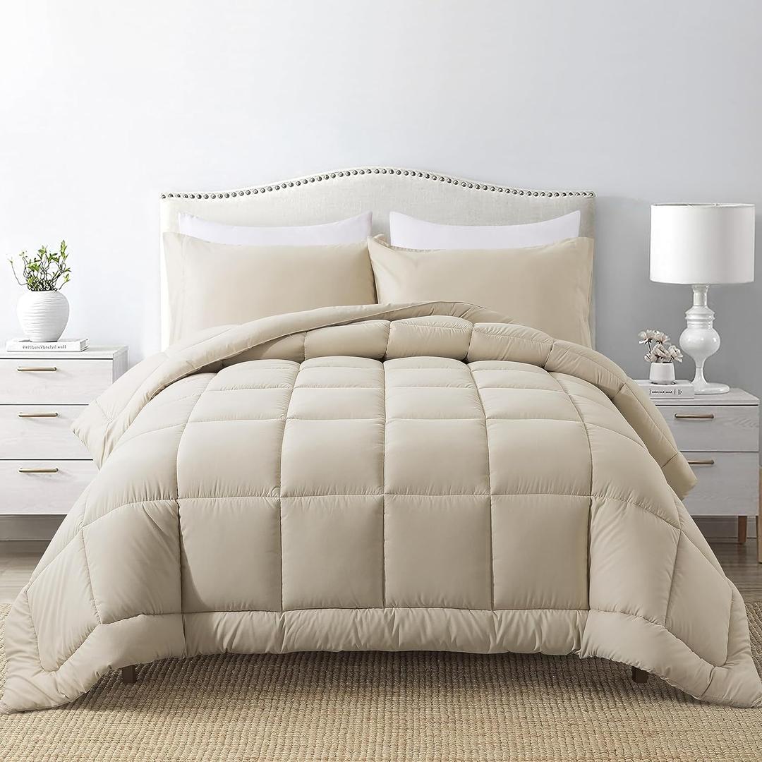 DOWNCOOL Queen Comforter Set -All Season Bedding Comforters Sets with 2 Pillow Cases-3 Pieces Bedding Sets Queen -Down Alternative Beige Queen Size Comforter Sets(88"x90")