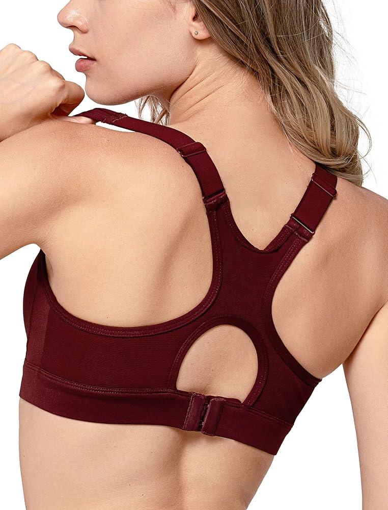 Yvette High Impact Sports Bra for Women High Support Adjustable Straps Running Workout Bra for Large Bust, Burgundy