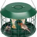 Kingsyard Tube Squirrel Proof Bird Feeders for Outdoor Hanging, Metal Caged Bird Feeder with Rain Proof Covered for Wildbirds Finches Bluebird, 4 Feeding Ports, Green