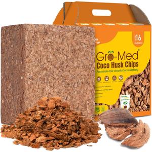 Gro-Med Coco Husk Chips for Plants (10lb) Compressed Coconut Chips Expands Upto 16 Gallon Coco Coir Mulch for Gardening,Potting & Garden Soil -Orchid Bark Alternative,OMRI Listed,Low EC & pH Balanced