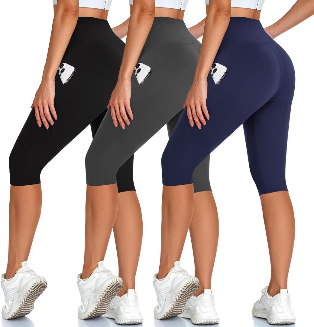 High Waisted 3 Pack Women's Capri Pants - Knee Length Yoga Shorts, Biker Workout Leggings for Women,Summer Activewear, L-XL Size