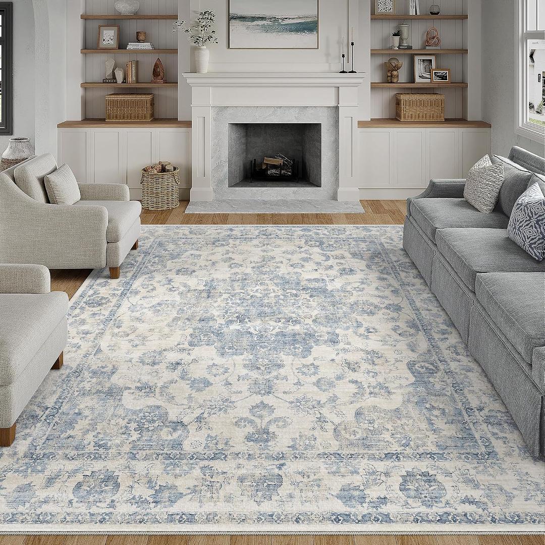 8x10 Washable Neutral Area Rug Blue Vintage Living Room Bedroom Carpet Non-Slip Soft Low Pile Farmhouse Indoor Large Throw Rug for Dining Room Office