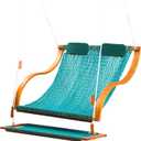 SANIWERKE Porch Swing for 2, Double Hammock Swing with Footrest & S-Armrest, Adjustable Hanging, Durable Rope Net&Thick Wood, 650LBS, 50" Wide, Luxe Reclining Duo Swing for Patio Porch(Honey Meadow)