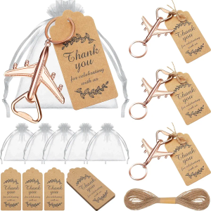 Honeydak 20 Set Airplane Bottle Opener Keychains with White Sheer Favor Bag Thank You Card Tags for Wedding Favor Baby Shower Return Presents Travel Theme Party Let the Adventure Begin
