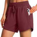 Ksmien Women's 5"/ 7" Athletic Running Shorts Quick Dry Lightweight Workout Gym Shorts with Zipper Pockets UPF 50+ Wine Red