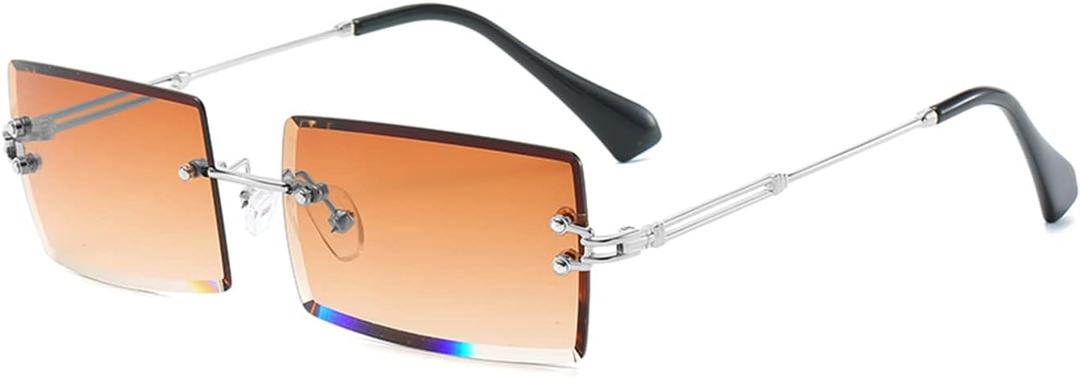 LASPOR Silver Rimless Sunglasses Rectangle for Men and Women 90s 2000s Retro Vintage Square Frameless Tinted Glasses Shades