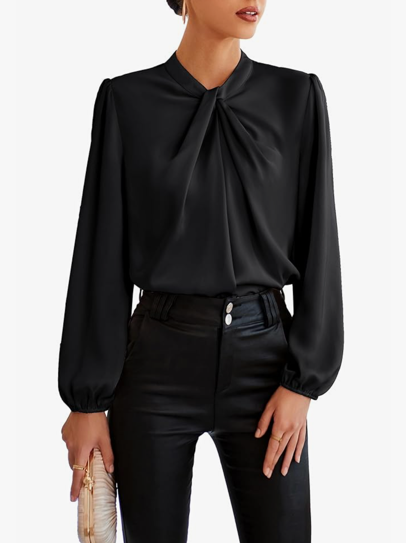 GRACE KARIN Women's Long Sleeve Shirts Mock Neck Casual Satin Blouse Tops for Business Office Work, Black, L