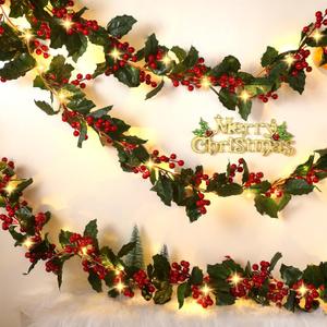 Lyrow 18 ft 3 Pcs Lighted Christmas Garland with Red Berry Artificial Christmas Vine Winter Holly Leaves LED Christmas Light String for Fireplace Mantle Indoor Outdoor Winter Holiday Decor