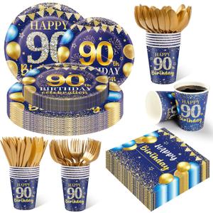 350PCS 90th Birthday Party Decorations for 50 Guests Blue and Gold Party Supplies Include Disposable Paper Plates, Napkins, Cups, and Tableware