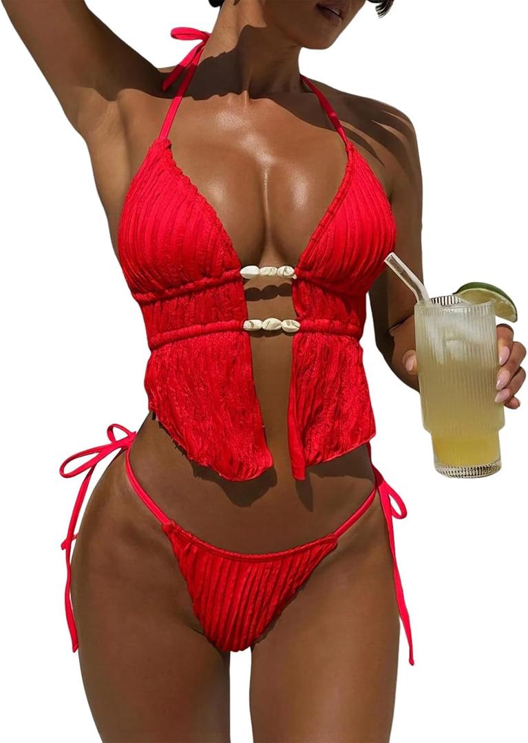 ZAFUL Halter Swimsuits for Women Textured Backless 2 Piece Bathing Suits Cheeky High Cut String Tie Side Bikini Sets, Red M
