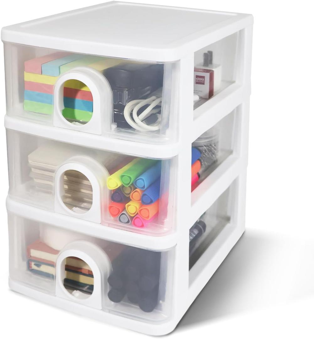 Desktop Storage Drawers Desk Organizer with Drawers, 3 Drawers Organizing Drawers Clear Small Plastic Storage Drawers for Crafts, Accessories, Stationeries, Office Supplies, Pens (1Pack) (White)
