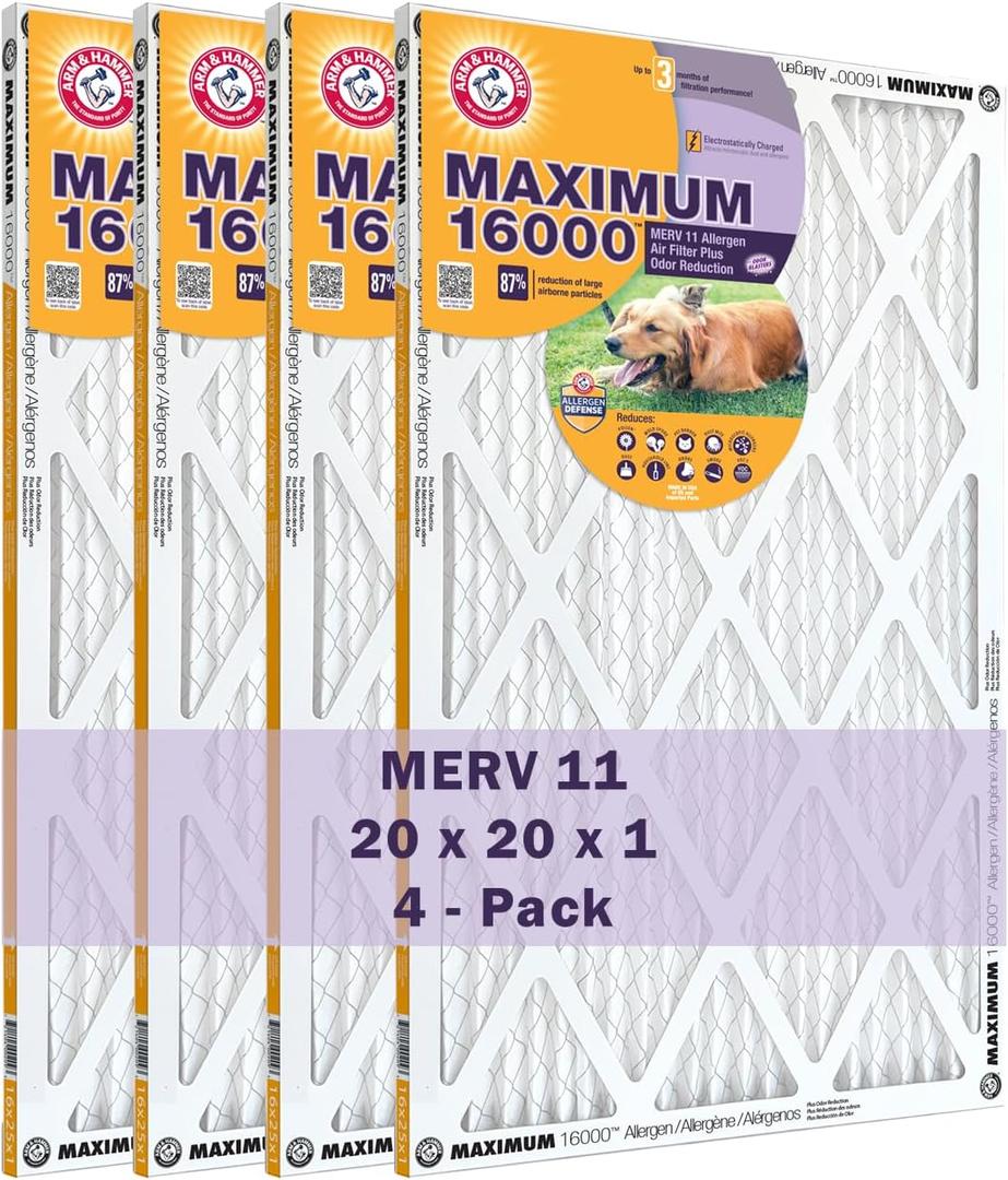 Arm & Hammer Max Allergen & Odor Reduction 20x20x1 Air and Furnace Filter, MERV 11, Pack of 4