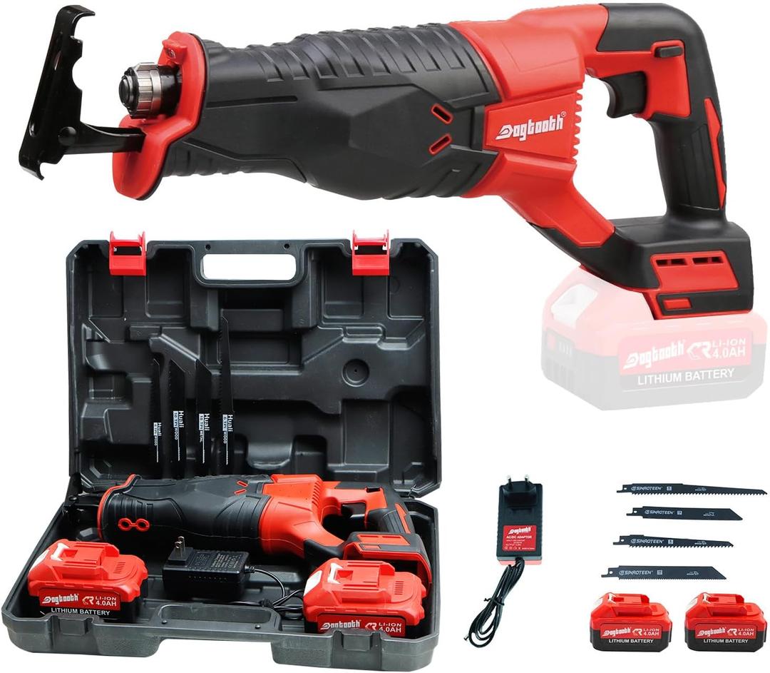 Dogtooth 21V Cordless Reciprocating Saw Kit, 3,000 Strokes Per Minute, Compatible with Makita 18V Battery, 2 * 4.0 Ah Batteries, Charger, 4 Saw Blades and Carry Case Dogtooth 21V Cordless Reciprocating Saw Kit, 3,000 Strokes Per Minute, Compatible with Makita 18V Battery, 2 * 4.0 Ah Batteries, Charger, 4 Saw Blades and Carry Case