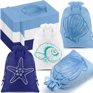 Abbylike 24 Pcs Coastal Burlap Gift Bags 5 x 7 Inch Coastal Blue White Drawstring Bags Bulk for Candy Treat Party Favors, Summer Wedding Ocean Beach Tropical Party Decor Supplies