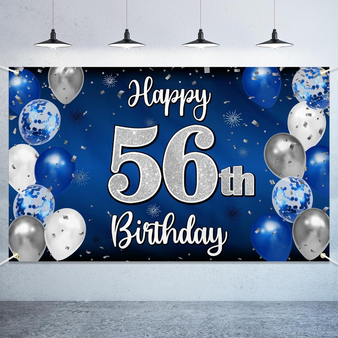Nelbiirth Happy 56th Birthday Decorations,56th Blue & Silver Balloon Large Birthday Banner Backdrop Sign,Cheers to 56 Years Old Bday Party Supplies.