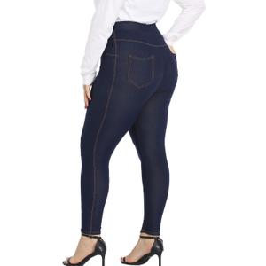 Plus Size Jeggings for Women High Waist Stretch Denim Jean Look Leggings with Pockets Pull On Blue 4X