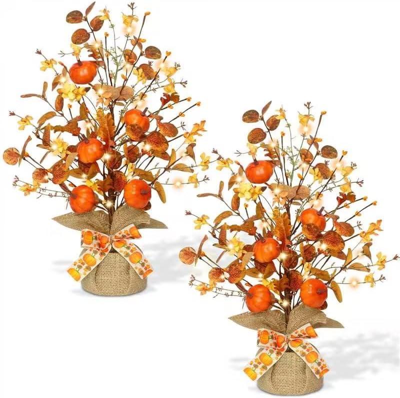 2 Pack & Timer - Lighted Fall Tree Tabletop Fall Thanksgiving Decor with 30 LED Battery Operated Artificial Eucalyptus Tree Pumpkins Floral Berry Burlap Base Fall Thanksgiving Decorations Home Indoor