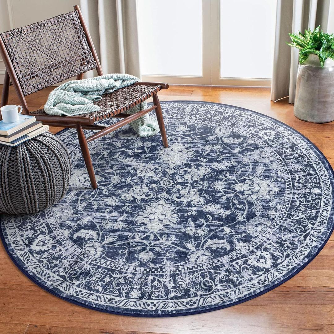 KILOCOCO Area Rug 5ft Round Living Room Rug Washable Printed Vintage Floral Bedroom Rugs Non Slip Entryway Rugs for Kitchen Dining Room Laundry Room Playroom, Blue