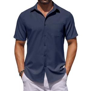 COOFANDY Mens Button Down Shirts Short Sleeve Stain Shield Dress Shirts Business Casual Shirt with Pocket (Medium, Navy Blue)