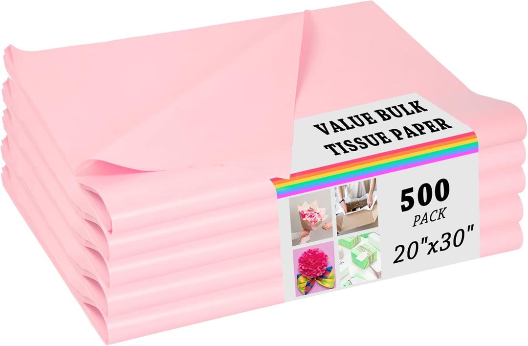 500 Sheets of Pink Tissue for Gift Bags - Bulk Wrapping Tissue, 20 X 30 Inches. Ideal Pink Packaging for Gift Wrap, Filler, Crafts, DIY Projects, Weddings, Birthdays, Baby Showers, Valentine's Day