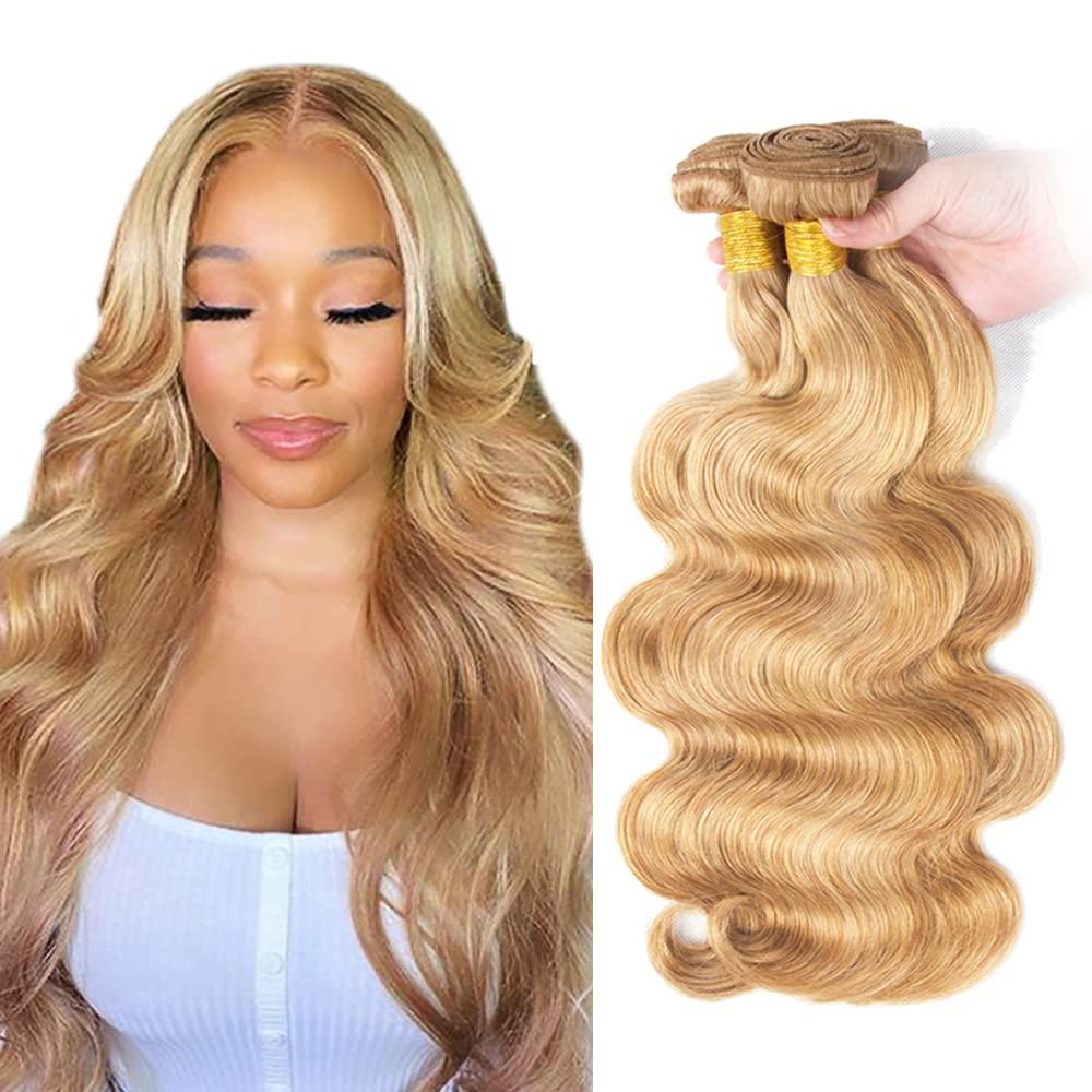 P27/613 Highlight Bundles Human Hair Body Wave Bundles 26 28 30 Inch Honey Blonde Unprocessed Brazilian Virgin Hair 3 Bundle 50 Gram Per Bundle Deals Quick Weave Hair Extensions
