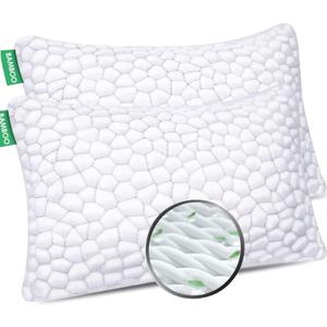 Bed Pillows for Sleeping 2 Pack Shredded Memory Foam Pillows Adjustable Cool Bamboo Pillow for Side Back Stomach Sleepers - Luxury Gel Pillows Queen Size Set of 2 with Washable Removable Cover