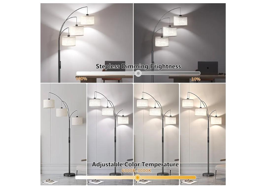 SUNMORY 3 Lights Floor Lamp with Remote Control and 3 Stepless Dimmable Bulbs, 78" Tall Standing Lamp with Hanging Drum Shade & Heavy Base, Modern Arc Floor Lamps for Living Room, Bedroom, Office. Gold finish