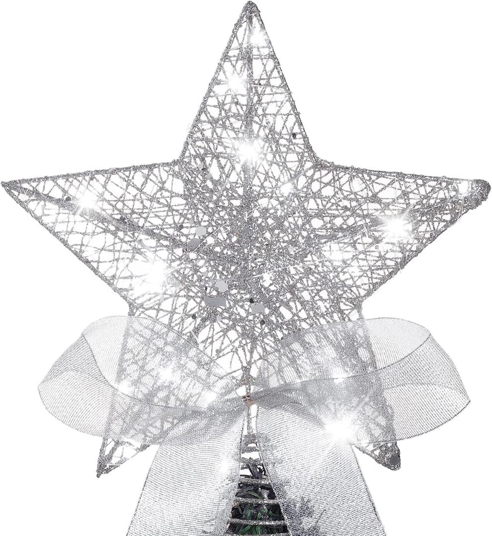 Sumind 9.8 x 11.8 Inch Christmas Star Tree Topper Glittered Star Metal Plug in Treetop Ornaments with Bow and 30 LED String Light for Christmas Tree Indoor Holiday Party Decoration(Silver)