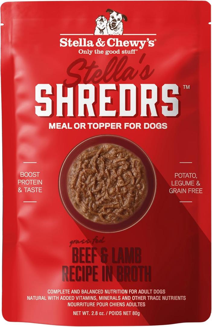 Stella & Chewy's Grass Fed Beef & Lamb Shredrs - Premium Dog Food Pouches - Perfect for Picky Eaters - 12 Pack, 2.8oz Each