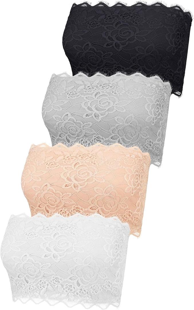 4 Pieces Women's Lace Bandeau Bra Strapless Bralette Seamless Crop Tube Top (X-Large, Black, White, Nude Color, Grey)