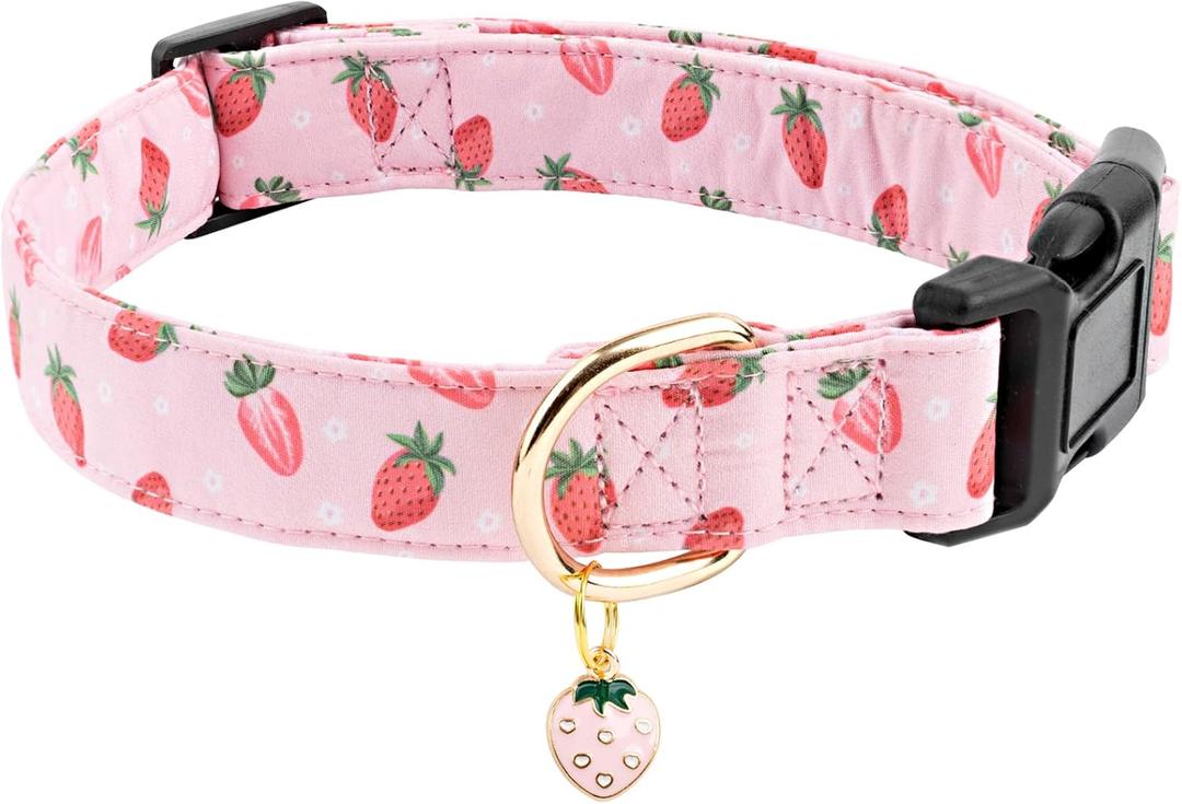 Faygarsle Pink Strawberry Print Cotton Dog Collar for Small, Medium, Large Boys Girls Dogs L