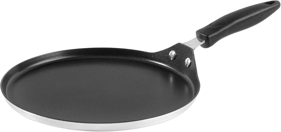 Restaurantware-Met Lux 10.4 Inch Round Griddle With Stay-Cool Handle, 1 No-Stick Flat Top Grill - Compatible With Gas And Electric, Durable, Aluminum Griddle Pan, Even-Heating, For Cooking Eggs (17.5" x 10.4" x 3")