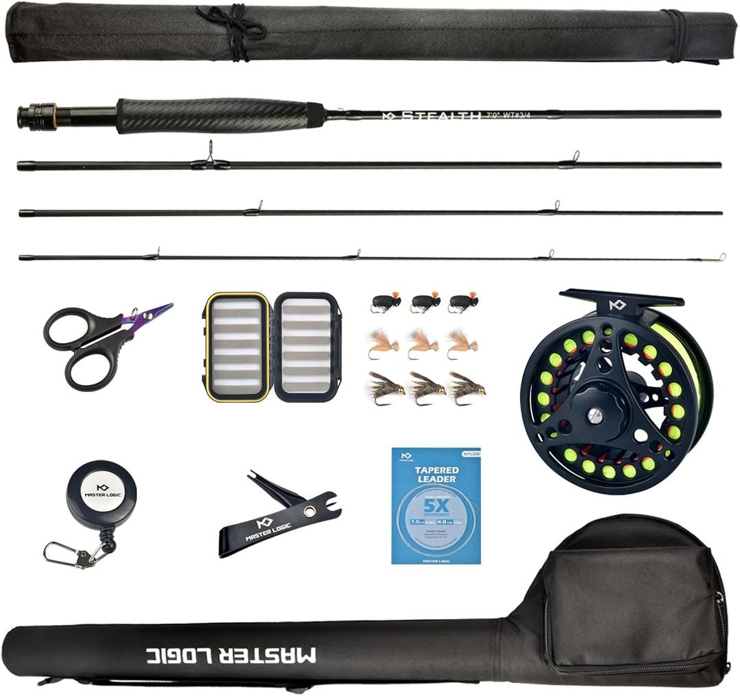 Stealth Fly Fishing Rod Combo Starter Kit, 30T Carbon Fiber Graphite Fly Rods with Die-cast Aluminum Reel and Fly Fishing Accessories (7ft 3/4wt 4 pc)