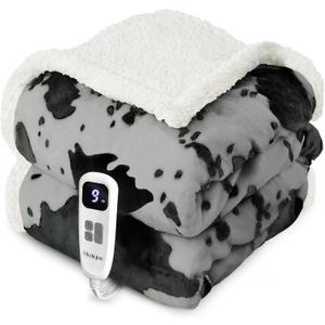 blunique Cow Print Heated Throw Blanket Electric Blanket-Heating Blanket Throw with 10 Heat Levels & 10 Hours Auto-Off, Cozy Soft Fleece Sherpa, Washable, 50 x 60 Inches Cow Print Grey (02 - Black Ombre-grey)