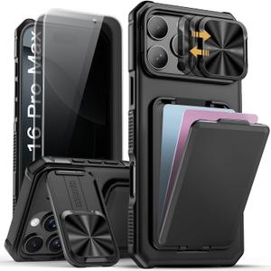 SSLOTSCASE for iPhone 16 Pro Max Case with 2X Privacy Screen Protector, Card Holder & Sliding Lens Cover & Kickstand, Military-Grade Heavy Duty Phone Case Cover for iPhone 16 Pro Max 6.9'', Black